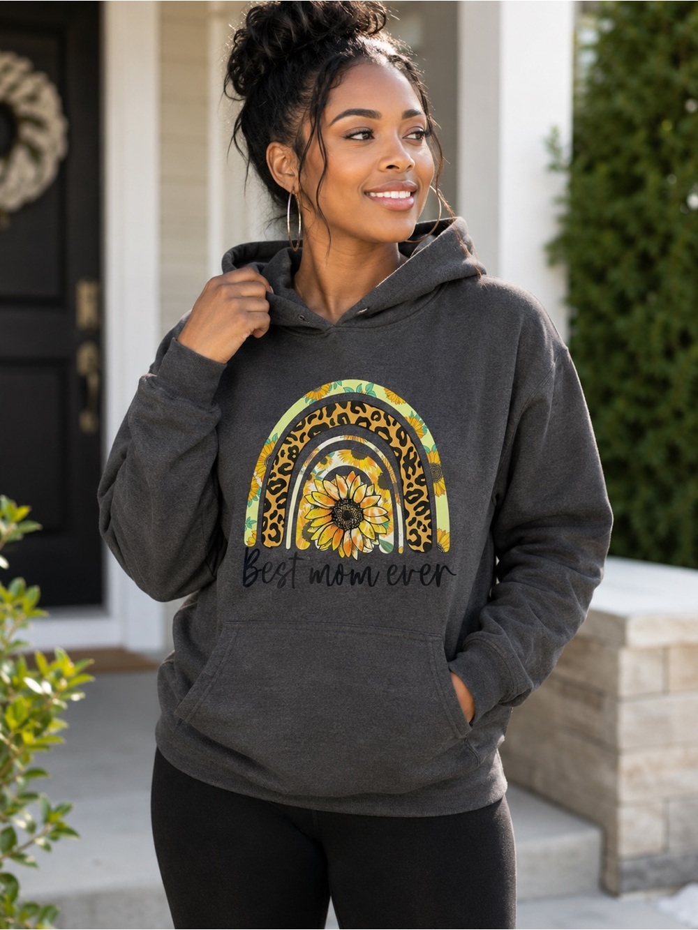 Charcoal 'Best Mom Ever' Sunflower Rainbow Hoodie